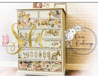 SOLD- Custom order Painted furniture, tall Dresser, white Vintage Dresser, Chest of drawers,floral furniture , Shabby Chic