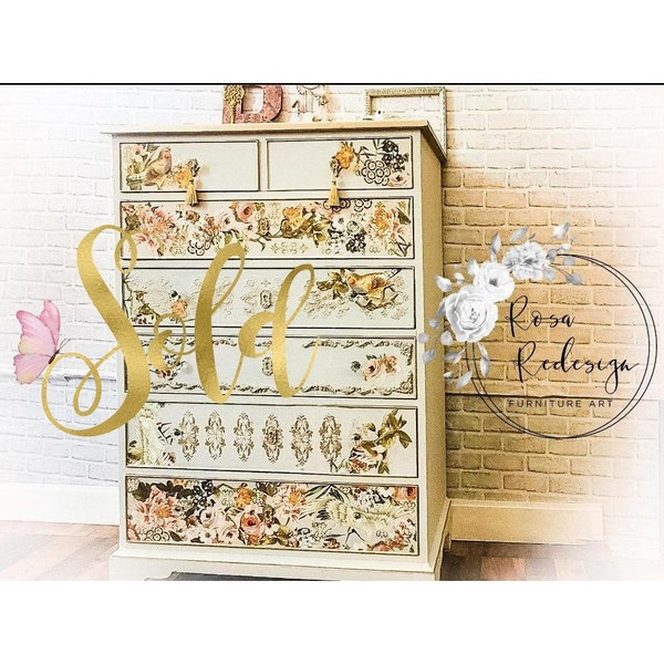 SOLD- Custom order Painted furniture, tall Dresser, white Vintage Dresser, Chest of drawers,floral furniture , Shabby Chic