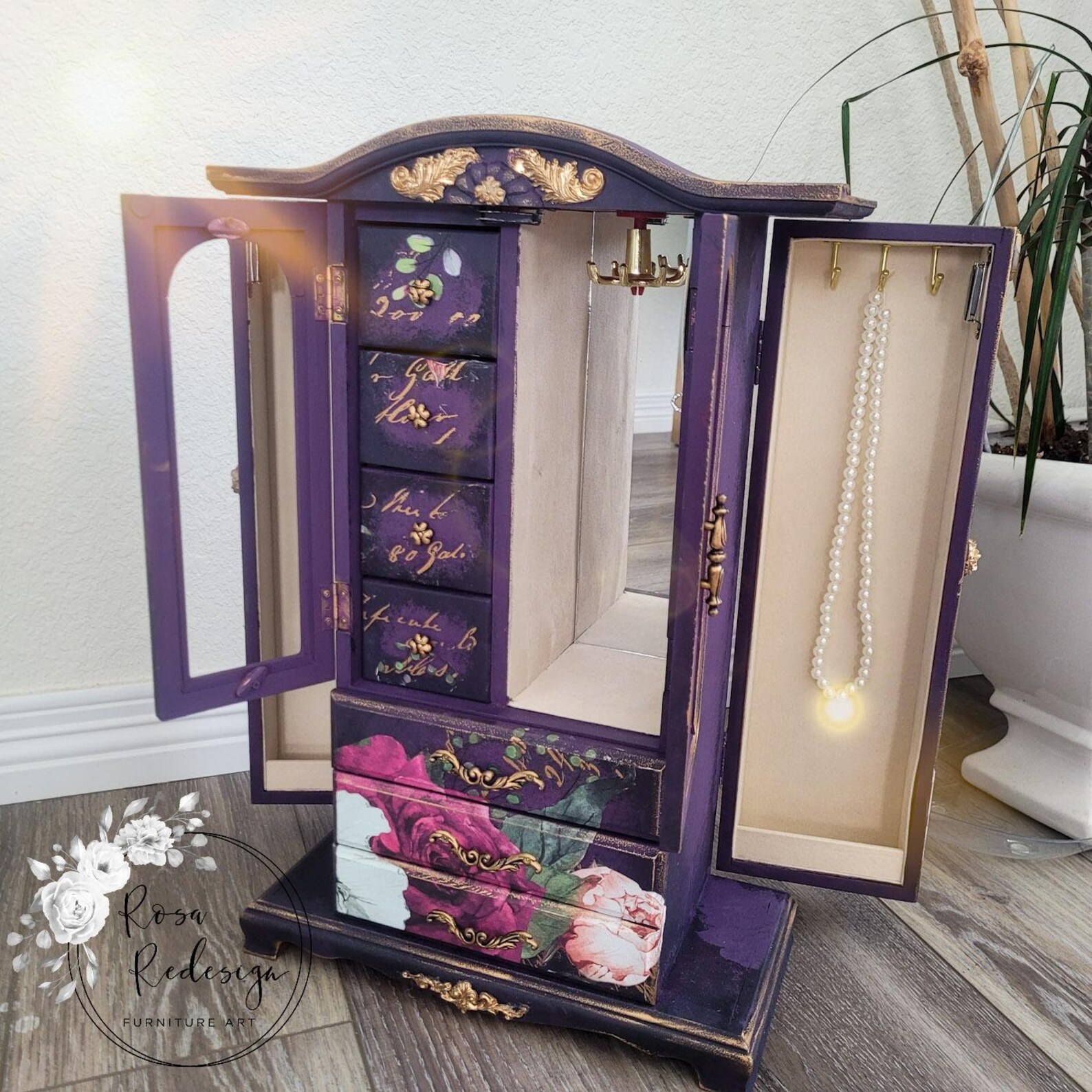 French Country Jewelry Armoire Purple Floral Romantic Etsy