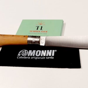 COLTELLO ARTIGIANALE SARDO lametta,personalizzabile con marcatura laser manico in ulivo con anima in acciaio, con certificato di garanzia