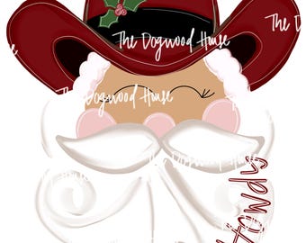 May include: A digital illustration of Santa Claus wearing a burgundy cowboy hat adorned with holly. Santa's face is tan with pink cheeks and a white beard. The words "Ho Ho Howdy" are written in burgundy.