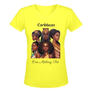 May include: Yellow V-neck t-shirt with a graphic of five women with dark skin and elaborate hairstyles. The text "Caribbean" and "One Melting Pot" is printed on the shirt.