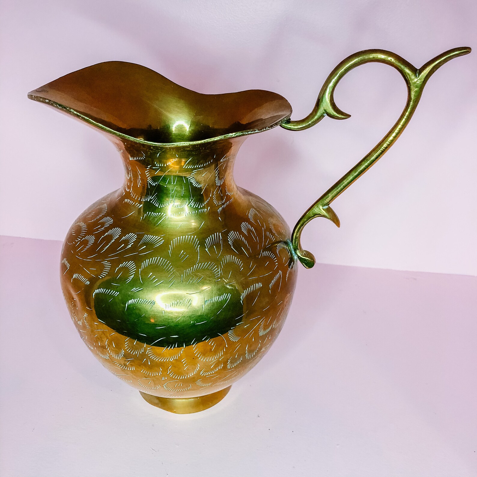 Large Brass Pitcher vase with Etchings Etsy