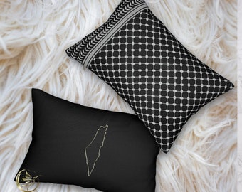 Black Palestine Kuffiyeh & Palestinian Map Reversible Lumbar Support Back Pillow