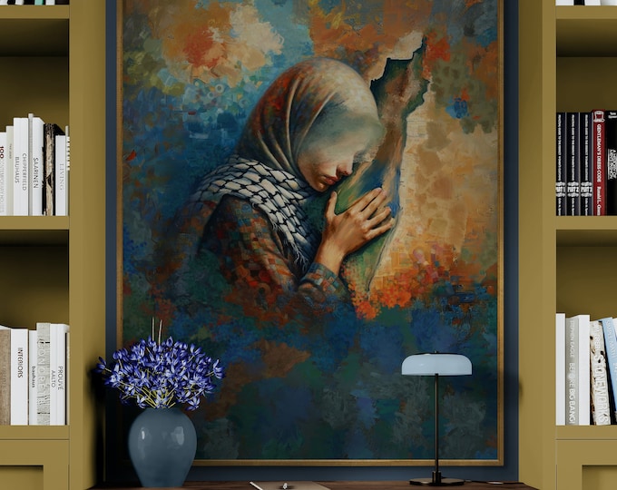 Featured listing image: Palestine Artwork: Middle Eastern Woman Cradling Map of Palestine