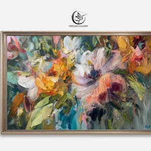 Colorful Abstract Floral Art: &quot;Aria Impasto&quot; Textured Wall Art for Living Room, Large Framed Canvas, Vintage Inspired Painting