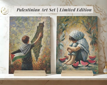 Palestine Artwork Set: Palestinian Children with Flag, Map and Watermelons