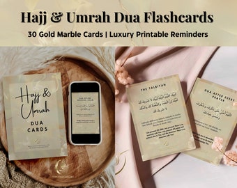 Hajj & Umrah Dua Flashcards – 30 Gold Marble Reminders (Digital Download)