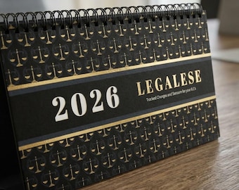 Rolig skrivbordskalender för advokat 2026: kvick present till advokat, juridisk humor kontorsinredning