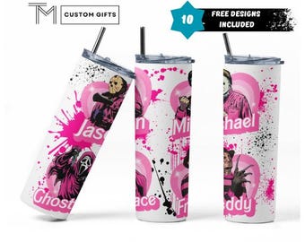 Tumbler Wrap rosa Horror Killer – Jason, Michael, Freddy e Ghostface / 20 oz Skinny Sublimation PNG