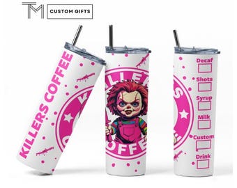 Killers Coffee Tumbler Wrap – Digital Download | Pink Chucky Horror Design | 20oz Skinny Sublimation PNG