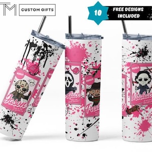Pink Horror Killer Card Tumbler Wrap – Digital Download | Jason, Ghostface, Freddy, Michael | 20oz Skinny Tumbler PNG