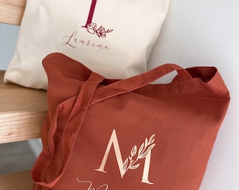 Tote bag personnalisé prénom initiales feuillage