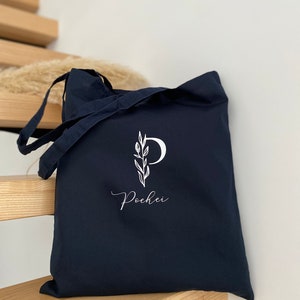 Tote bag personnalisé prénom initiales feuillage Bleu marine / blanc