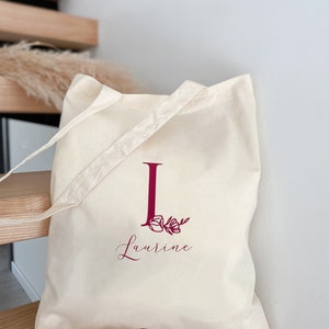 Tote bag personnalisé prénom initiales feuillage Beige / bordeaux