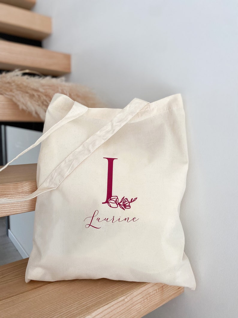 Personalized tote bag first name initials foliage Beige / bordeaux