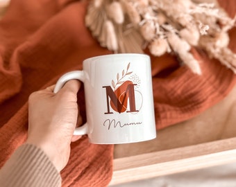 Mug boho personnalisé prénom initiales feuillage - couleur terracotta bleu vert et beige rosé - idée cadeau Noël