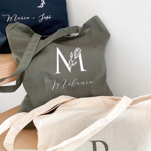 Personalized tote bag first name initials foliage Kaki / blanc