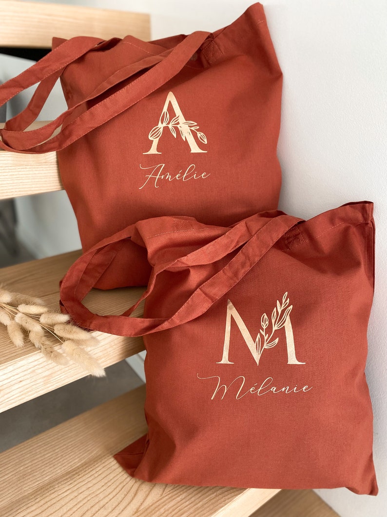 Tote bag personnalisé prénom initiales feuillage Terracotta / cuivré