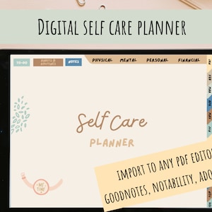 Op de afbeelding: Een digitale zelfzorgplanner op het scherm van een tablet. De planner heeft secties voor takenlijsten, gewoontes en routines, notities, fysiek, mentaal, persoonlijk en financieel. De planner heeft ook een kalendersectie met maanden van januari tot en met december. De tekst "Importeren naar elke PDF-editor: Goodnotes, Notability, Adobe, etc." wordt op het scherm weergegeven.