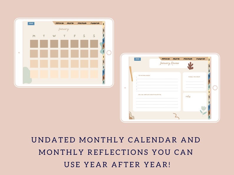 Op de afbeelding: Een digitale tablet met een afdrukbare, niet-gedateerde maandelijkse kalender en een pagina voor maandelijkse reflectie. De kalender heeft een beige achtergrond met bruine vierkanten voor elke dag van de maand. De reflectiepagina heeft een beige achtergrond met regels om te schrijven en een bloemillustratie. De tekst op de kalenderpagina luidt "Januari". De tekst op de reflectiepagina luidt "Januari-overzicht".