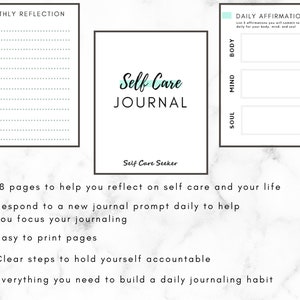 May include: A printable self-care journal with a light blue and white color scheme. The journal includes prompts for daily affirmations, monthly reflections, and journaling. The text "Self Care Journal" is featured in a large font.