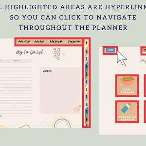 Op de afbeelding: Een printbare planner met een to-dolijst, een notitiegedeelte en een kalender. De planner is ontworpen met een lichtroze achtergrond en kleurrijke illustraties. De planner bevat secties voor fysieke, mentale, persoonlijke en financi&euml;le doelen.