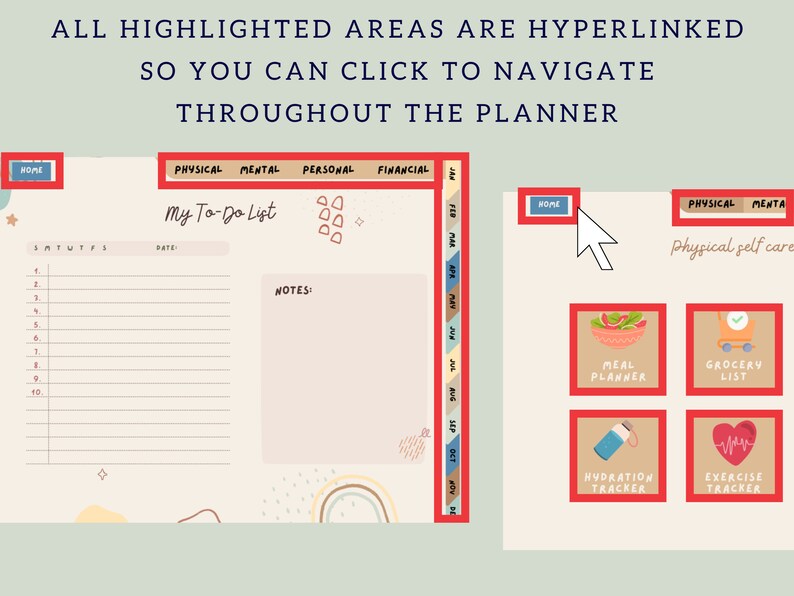 Op de afbeelding: Een printbare planner met een to-dolijst, een notitiegedeelte en een kalender. De planner is ontworpen met een lichtroze achtergrond en kleurrijke illustraties. De planner bevat secties voor fysieke, mentale, persoonlijke en financi&euml;le doelen.
