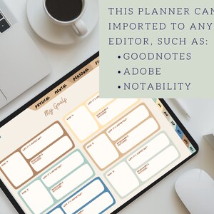 Op de afbeelding: Een digitale planner op een tablet met een witte achtergrond. De planner is verdeeld in secties voor fysieke, mentale en persoonlijke doelen. Het bevat secties voor het stellen van doelen, waarom het belangrijk is, meetbare resultaten en een kalender om de voortgang bij te houden. De tekst "THIS PLANNER CAN BE IMPORTED TO ANY PDF EDITOR, SUCH AS: &bull; GOODNOTES &bull; ADOBE &bull; NOTABILITY" wordt bovenaan de afbeelding weergegeven.
