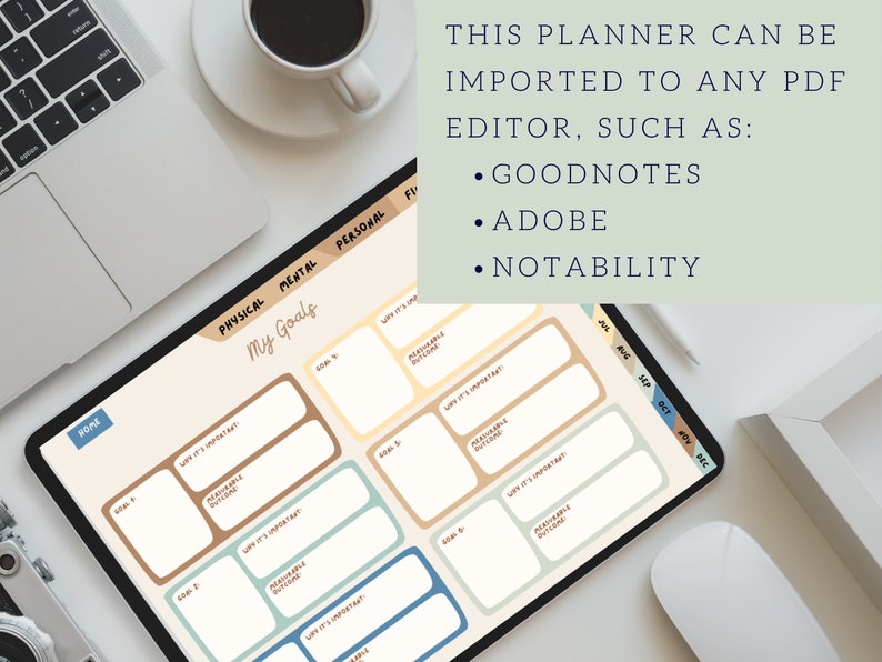 Op de afbeelding: Een digitale planner op een tablet met een witte achtergrond. De planner is verdeeld in secties voor fysieke, mentale en persoonlijke doelen. Het bevat secties voor het stellen van doelen, waarom het belangrijk is, meetbare resultaten en een kalender om de voortgang bij te houden. De tekst "THIS PLANNER CAN BE IMPORTED TO ANY PDF EDITOR, SUCH AS: &bull; GOODNOTES &bull; ADOBE &bull; NOTABILITY" wordt bovenaan de afbeelding weergegeven.