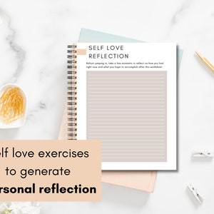 May include: A self-love reflection journal with a peach-coloured cover and a white background. The journal has a spiral binding and is open to a page with the title "Self Love Reflection" and lined paper.