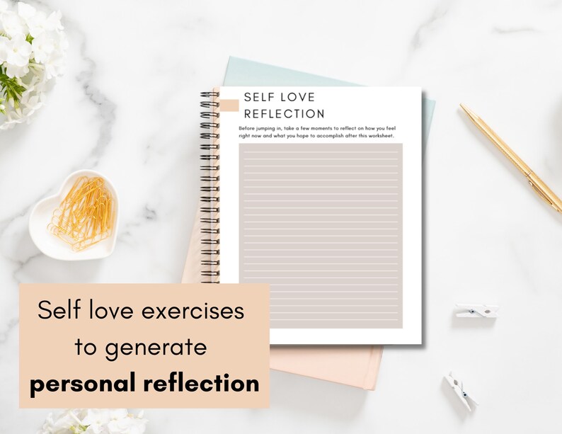 May include: A self-love reflection journal with a peach-coloured cover and a white background. The journal has a spiral binding and is open to a page with the title "Self Love Reflection" and lined paper.