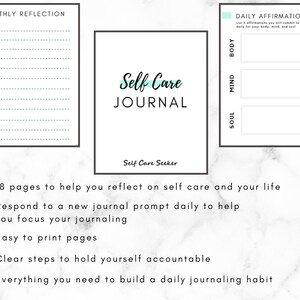 May include: A printable self-care journal with a light blue and white colour scheme. The journal includes prompts for daily affirmations, monthly reflections, and journaling. The text "Self Care Journal" is featured in a large font.