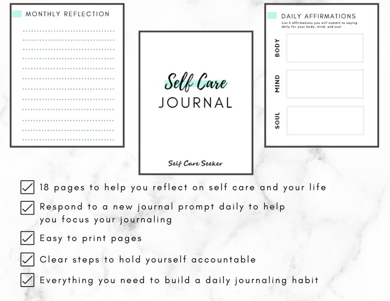 May include: A printable self-care journal with a light blue and white colour scheme. The journal includes prompts for daily affirmations, monthly reflections, and journaling. The text "Self Care Journal" is featured in a large font.