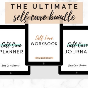 May include: Three digital tablet screens showing the titles "Self Care Planner", "Self Love Workbook", and "Self Care Journal". Each screen has the text "Self Care Seeker" at the bottom.
