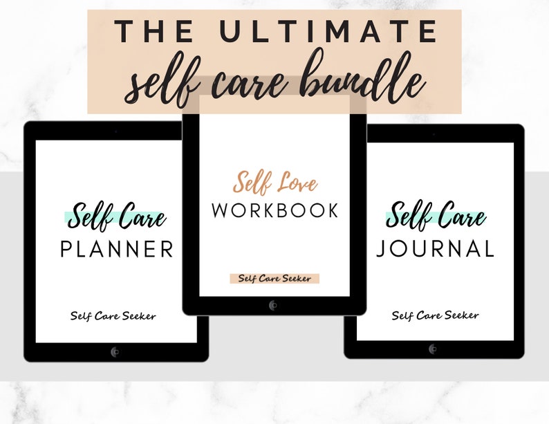 May include: Three digital tablet screens showing the titles "Self Care Planner", "Self Love Workbook", and "Self Care Journal". Each screen has the text "Self Care Seeker" at the bottom.