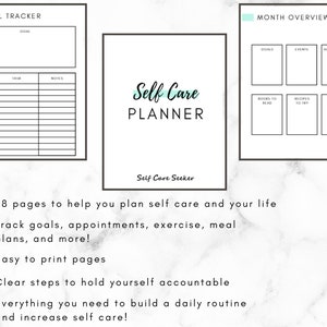 May include: Printable self-care planner with a light blue and white colour scheme. The planner includes sections for goal tracking, monthly overview, and daily tasks. The text "Self Care Planner" is written in a decorative font.