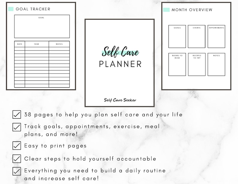 May include: Printable self-care planner with a light blue and white colour scheme. The planner includes sections for goal tracking, monthly overview, and daily tasks. The text "Self Care Planner" is written in a decorative font.