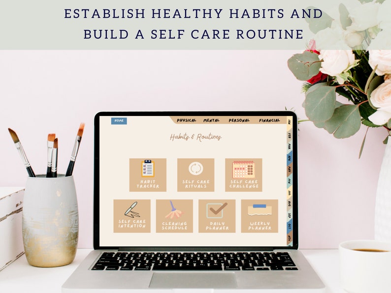 Op de afbeelding: Een laptopscherm dat een website weergeeft met een lichtbruine achtergrond en een lichtblauwe koptekst. De website heeft de titel "Habits & Routines" en bevat een raster met kleurrijke pictogrammen die verschillende zelfzorgactiviteiten voorstellen, zoals het bijhouden van gewoontes, zelfzorgrituelen en dagelijkse planning.