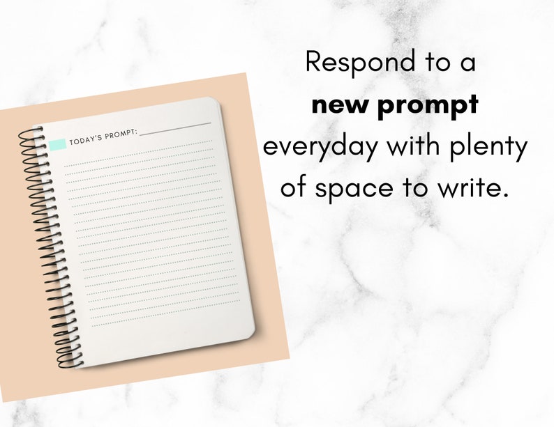 May include: A white spiral bound notebook with a light blue sticky note on the cover. The notebook has lined pages and the text "TODAY'S PROMPT:" is printed on the cover. The notebook is on a light peach background.