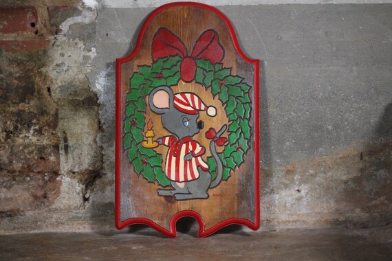 Vintage Christmas Mouse, Wooden Wall Sign