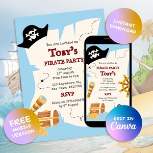 Invitación de cumpleaños pirata editable / Plantilla de fiesta pirata imprimible / Invitación de cumpleaños infantil / Descarga instantánea / Invitación de Canva