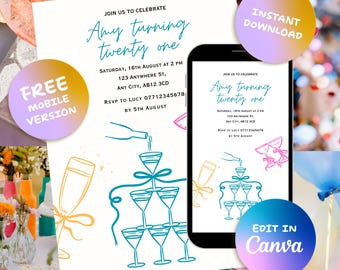 Editable 21st Birthday Invitation | Printable 21st Party Template | Adult Birthday Invite | Instant Download | Canva Invitation