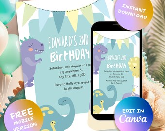 Editable Dinosaur Birthday Invitation | Printable Dino Party Template | Kids Birthday Invite | Instant Download | Canva Invitation