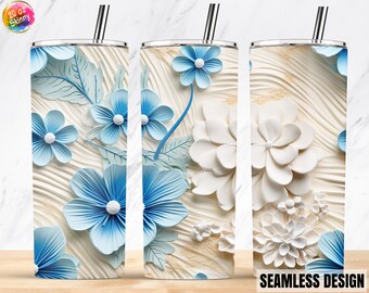 3D Flowers Sand Beach White Blue Flower, 3d Seashells, 20 oz Skinny Tumbler, Sublimation Design, Straight Tumbler Wrap PNG, Digital Download