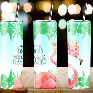 Flamingo Becher, Sommer Tumbler Wrap, Glitzer Tropische Blätter, 20oz Skinny Tumbler Sublimation Designs Template PNG, Digitaler Download