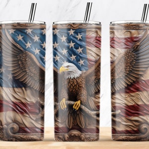 3D Tumbler Wrap, Tooled Leather American Flag with Eagle, 4th of July, Patriotic Tumbler PNG, USA Patriotic, 20oz Skinny Tumbler Sublimation