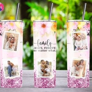 Photo Tumbler, Floral Pink Marble Family Photo Frame Sublimation, 20oz Skinny Tumbler Wrap Designs Template PNG - Instant Download