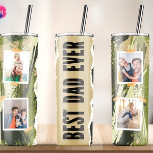 Puede incluir: Tres vasos de acero inoxidable de 20 onzas con un patrón de camuflaje y fotos de padres e hijos. El vaso del medio es dorado y dice "Best Dad Ever".