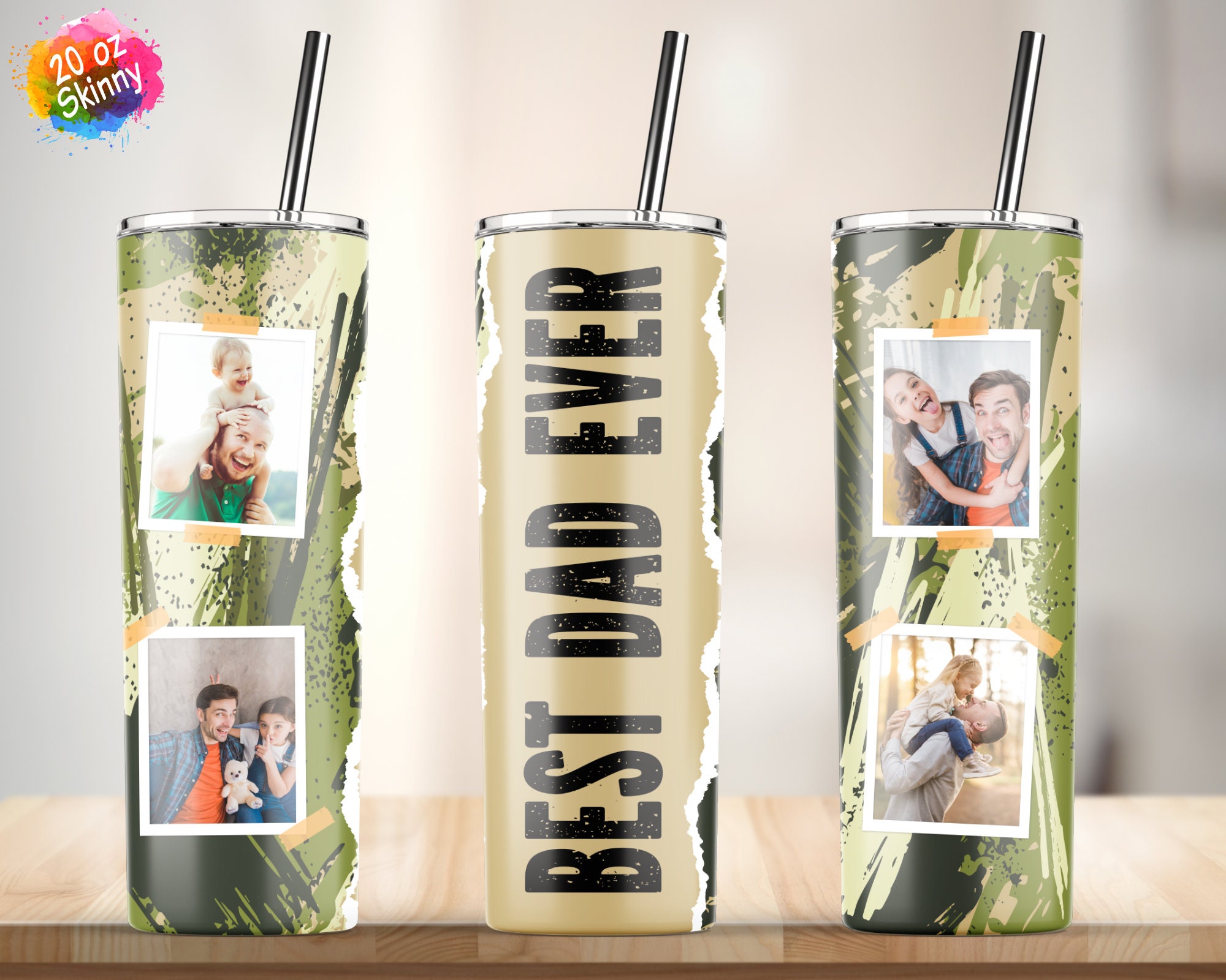 Best Dad Ever Camo Photo Frame Tumbler 20oz Skinny Tumbler Wrap Designs ...